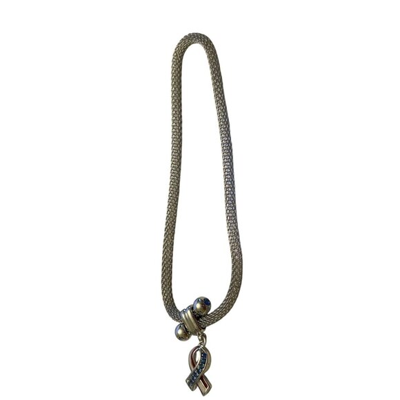 Silver Mesh Bracelet With Blue & Red Rhinestone Ribbon Pendant - Picture 4 of 10